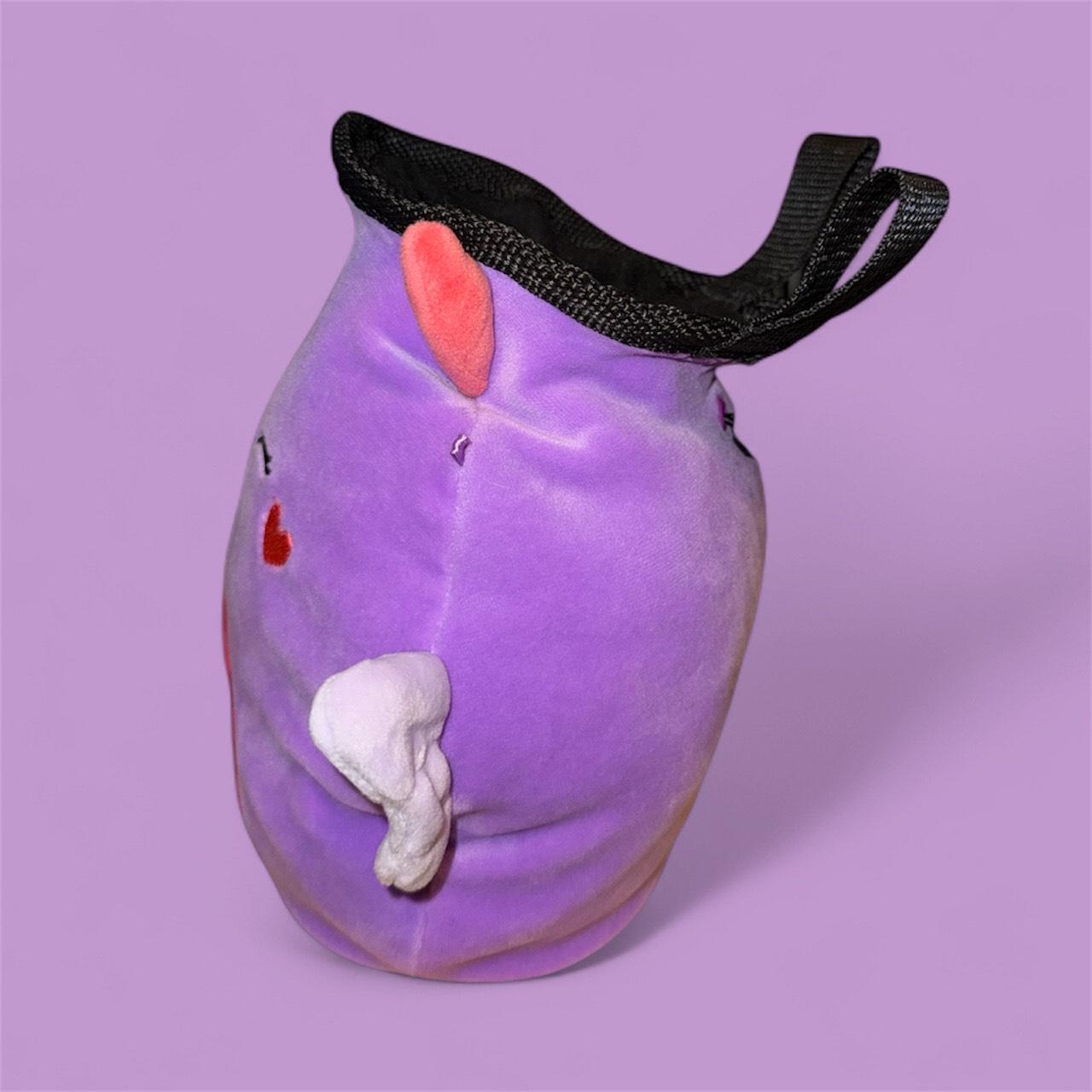 Purple Chalk bag handmade converted plush toy with devil horns, wings, and a red tail on a purple background side view squishmallow