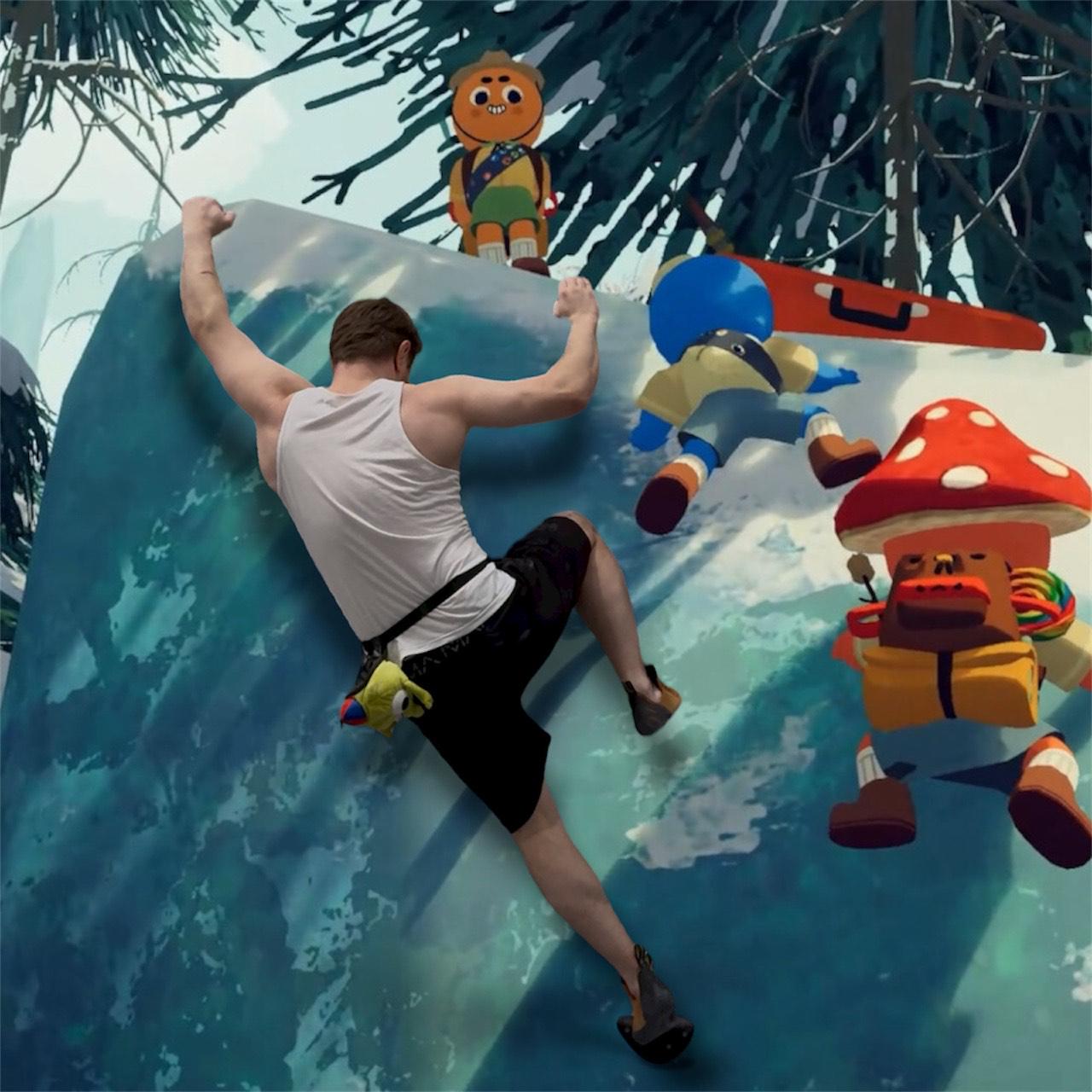 Funny in game image of Peak characters climbing with human climbing with Handmade Bing Bong plush chalk bag for bouldering on mountain background