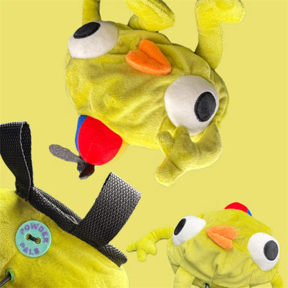 Handmade Bing Bong plush chalk bag for bouldering on green background full image lots of Peak characters  with "Powder Pals" button logo