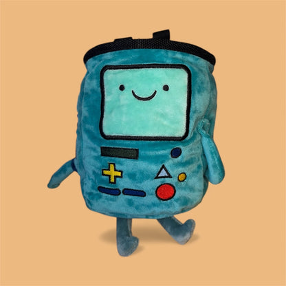 Handmade BMO plush chalk bag for bouldering on orange background 