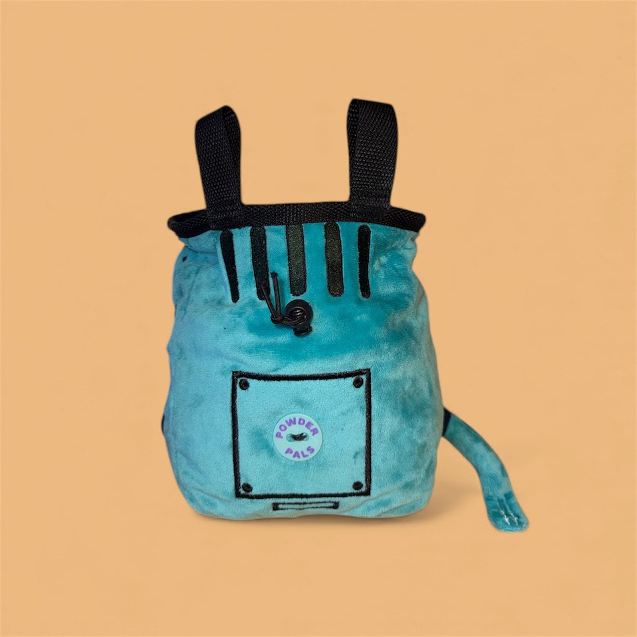 Handmade BMO plush chalk bag for bouldering on orange background back profile