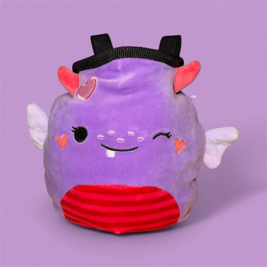 Purple Chalk bag handmade converted plush toy with devil horns, wings, and a red tail on a purple background squishmallow