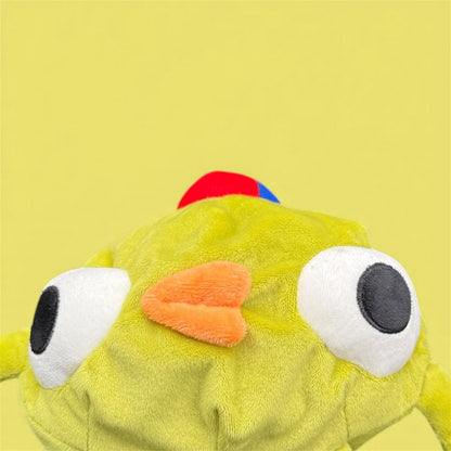 Handmade Bing Bong plush chalk bag for bouldering on green background close up